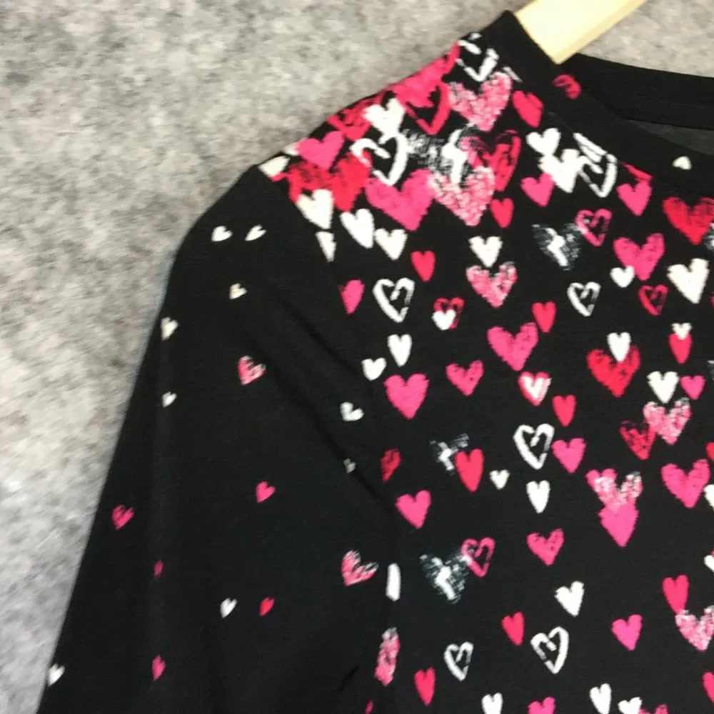 Elle Top XS Blouse Career Heart Print Crepe Black Accordion Pleat Sleeves Pink - Picture 3 of 13